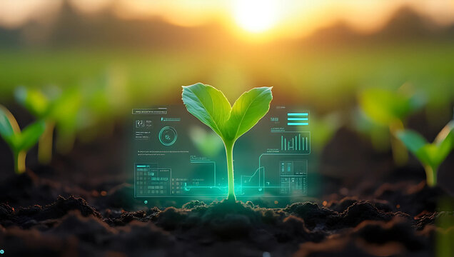 A green plant sprouting from soil with real-time holographic growth monitoring interface - high tech farming, advanced agriculture tech, environmental protection, modern digital farming, sustainable 