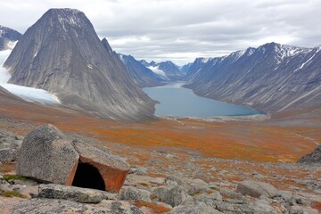High-altitude view of a serene alpine lake nestled amidst rugged, snow-capped mountains