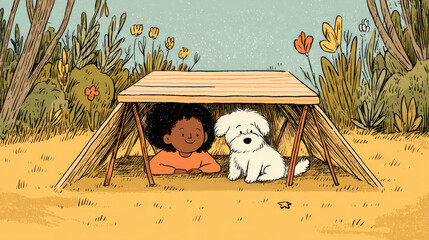 joyful girl and her playful puppy are hiding under table playing game of hideandseek