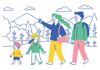 A family of four walking along a mountain path_color