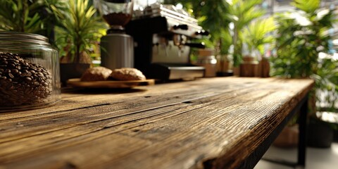 Rustic Wooden Table with Coffee Shop Scene for Product Display and Mockups
