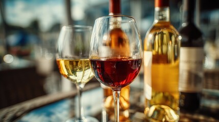 Naklejka premium Elegant wine glasses with red and white wine, bottles in soft focus background, perfect for celebrations