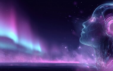 Futuristic AI Female Head with Aurora Lights, Representing Technology, Innovation, and Digital Transformation