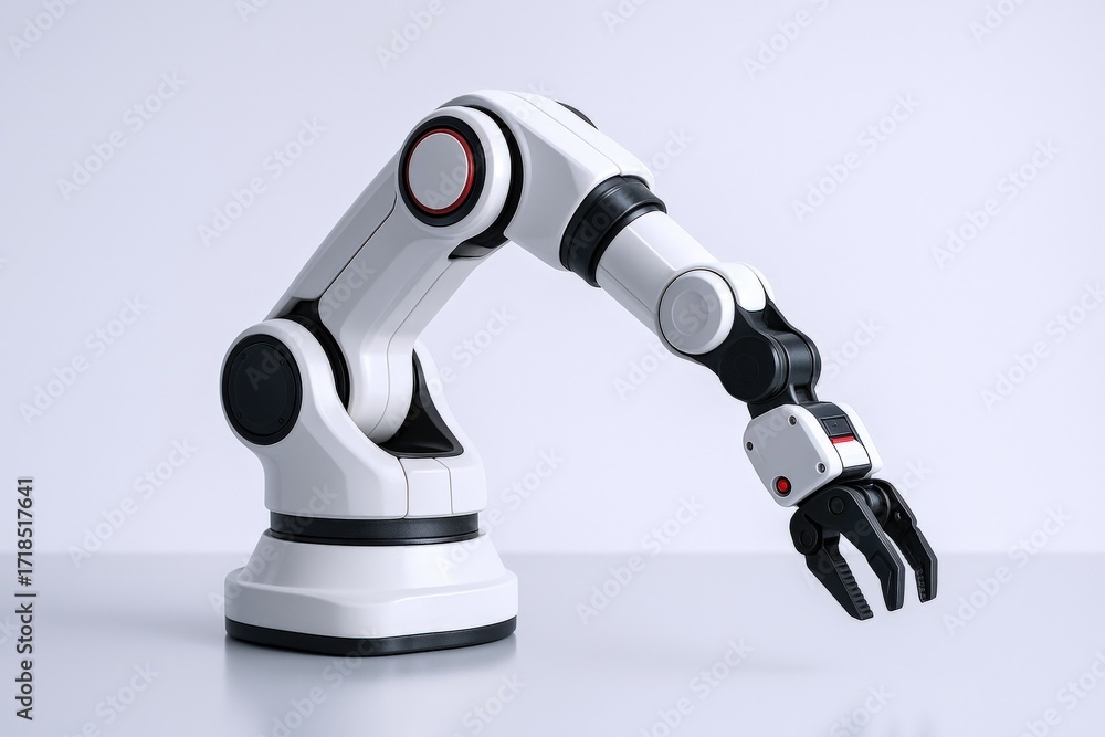 Poster robotic arm technology illustrating automated manufacturing processes, advanced engineering and prec