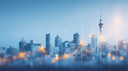 Skyline Cityscape with Growth Arrows Overlay: Urban Development, Financial Growth, and Business Progress Illustration