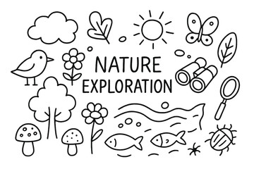 Nature Exploration Icons. Nature Exploration. Hand-drawn doodle illustration nature exploration tree, leaf, mushroom, flower, bird, butterfly, binoculars,
