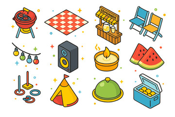 Backyard Party Icons. Colorful isometric vector icons set of Backyard Family Party: outdoor grill, picnic blanket, lemonade stand, folding chairs, party
