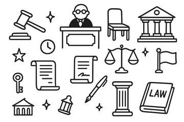 Obraz premium Courtroom Icons Doodle. Hand-drawn doodle illustration Courtroom atmosphere [gavel, judge?s bench, empty chair, scales of justice, courthouse building, star,