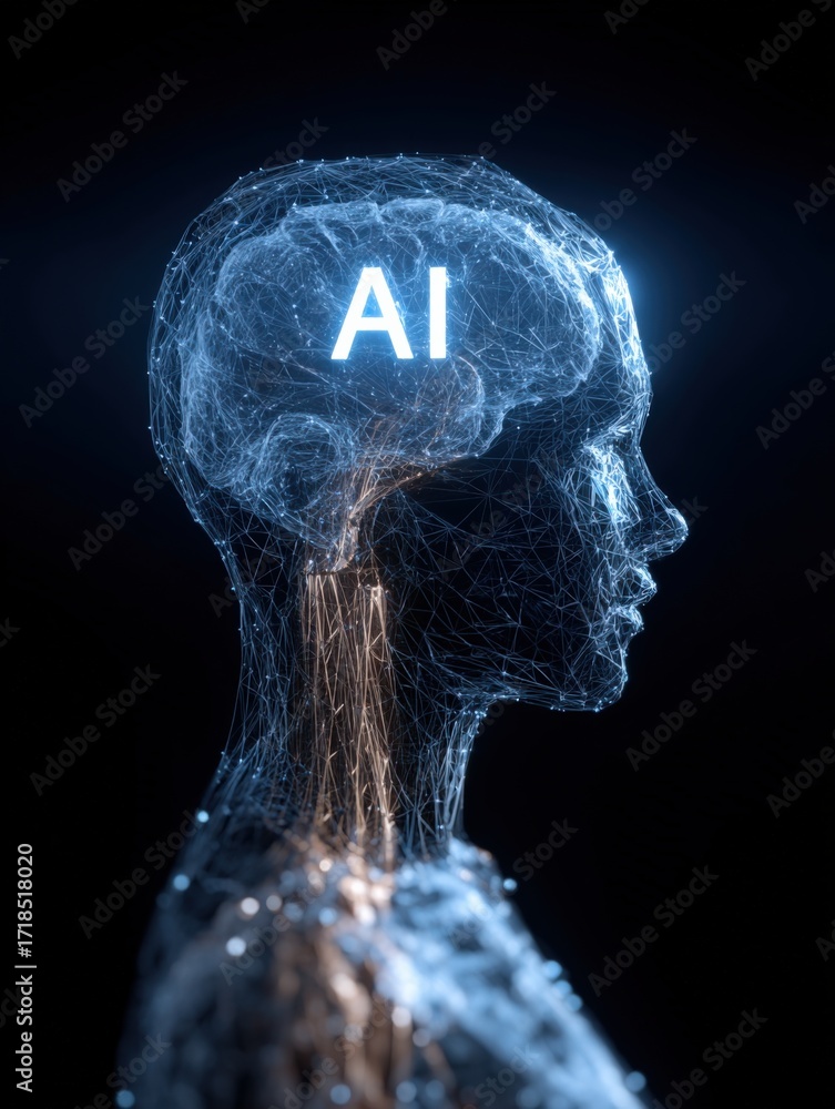 Poster ai brain conceptual illustration: artificial intelligence neural network, humanoid profile, data sci