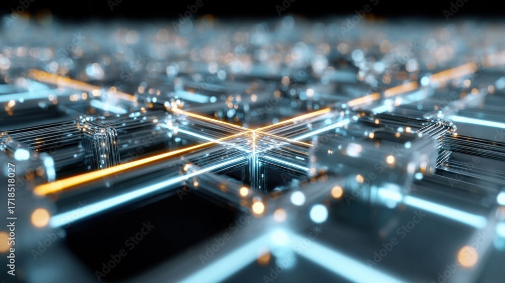 Poster abstract circuit board network with glowing light trails, representing high tech, data flow and conn