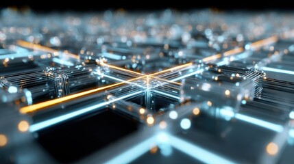 Abstract Circuit Board Network with Glowing Light Trails, Representing High Tech, Data Flow and Connectivity