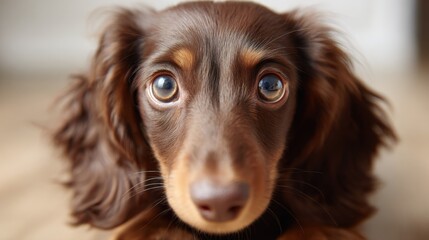 Adorable Long-haired Chocolate Dachshund Puppy Portrait with Intense Gaze and Puppy Dog Eyes, Close-Up