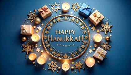 Festive Hanukkah circular design.  Gold and blue circle with "Happy Hanukkah" in 3D lettering, surrounded by gift boxes, candles, snowflakes, and golden ornaments.  A holiday display