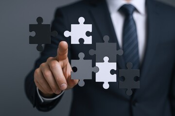Businessman Pointing at Puzzle Pieces: Illustrating Strategy, Problem Solving, and Business Integration