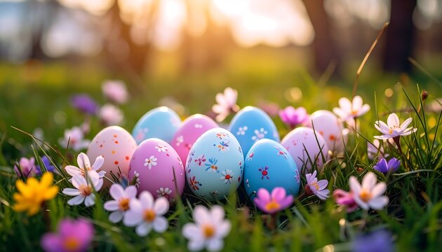 Colorful Easter eggs in a meadow