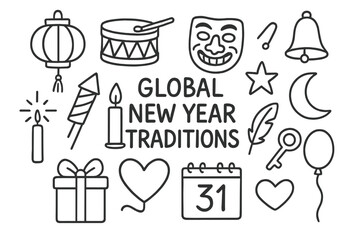 Global New Year Doodles. Hand-drawn doodle illustration Global New Year traditions [lantern, drum, mask, bell, firework rocket, candle, star, moon, feather,