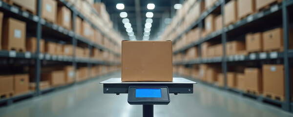 Cardboard box sits on digital scale in modern warehouse. Blurred shelves filled with cargo line aisles. Precision measurement for logistics, shipping, and inventory management.