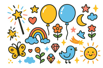 Obraz premium Magic Balloon Doodles. Colorful Hand-drawn doodle Children illustration Magic Balloons [balloon, wand, star, rainbow, heart, spark, moon, flower, cloud, sun,