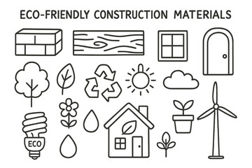 Fototapeta premium Eco-Friendly Icons. Hand-drawn doodle illustration Eco-friendly construction materials [brick, wood plank, window, door, tree, leaf, flower, recycling symbol,