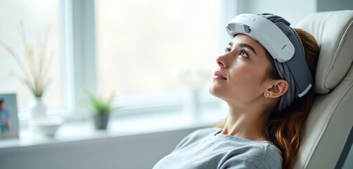 Young Caucasian woman receives transcranial magnetic stimulation therapy for depression or anxiety at psychiatric clinic. Device on head. Copy space for TMS advertising. Mental health treatment.