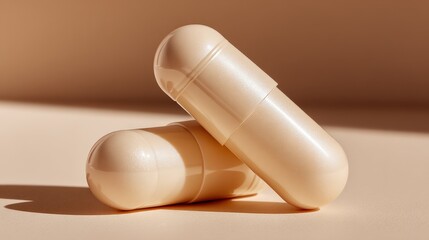Two Beige Capsules Lying on a Beige Background with Soft Lighting, Promoting Health and Wellness