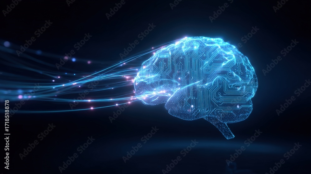 Poster Artificial Intelligence Brain with Neural Network Connections Visualizing Data Transmission and Processing on a Dark Background