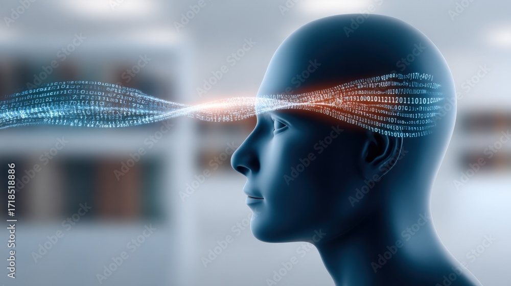 Poster ai conceptual visualization: humanoid head with flowing digital data streams, representing connectiv