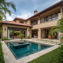 Fototapeta premium clear swimming pool reflecting sky in front of beige elegant villa estate luxury exterior aesthetic wallpaper background