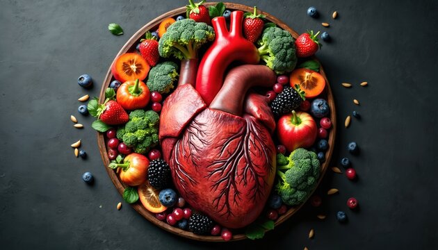 Illustration of anatomical heart surrounded by fresh fruits, vegetables, fish, grains, heart-healthy cholesterol diet, good nutrition for cardiovascular wellness. Supports heart arteries with