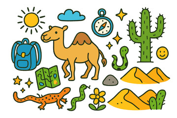 Obraz premium Desert Adventure Doodles. Colorful Hand-drawn doodle Children illustration Desert Adventure [camel, backpack, map, compass, cactus, sand dune, sun, cloud,