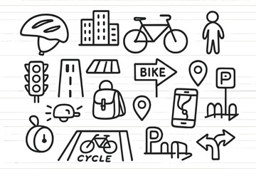 Fototapeta premium Urban Cycling Doodle. Hand-drawn doodle illustration urban cycling helmet, city buildings, bicycle, street sign, pedestrian, crosswalk, traffic light, map pin,