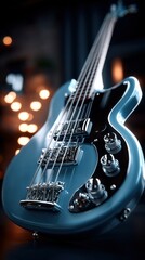 Fototapeta premium Stylish Blue Electric Bass Guitar with Chrome Hardware and Bokeh Lights Background