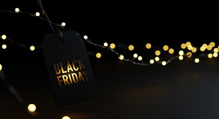 A black tag with gold 'Black Friday' lettering is suspended by string of fairy lights illuminating the otherwise dark background.