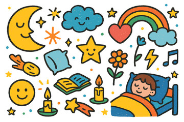 Fototapeta premium Children's Dreamscape. Colorful Hand-drawn doodle Children illustration Deep Dreams [moon, star, cloud, rainbow, heart, spark, pillow, book, candle, flower,