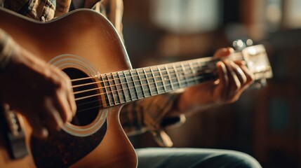 Obraz premium Acoustic Guitar Musician Playing Close-Up: Strumming Strings for Musical Expression, Performance, and Artistic Passion