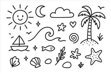 Dreamy Seaside Doodle. Hand-drawn doodle illustration Dreamy seaside view [wave, fish, shell, starfish, boat, sun, moon, cloud, bird, sparkle, heart, palm