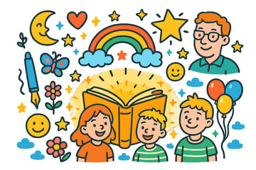 Magical Children's Book. Colorful Hand-drawn doodle Children illustration Magical Book Event glowing book, pen, author, children smiling, rainbow, star, heart,