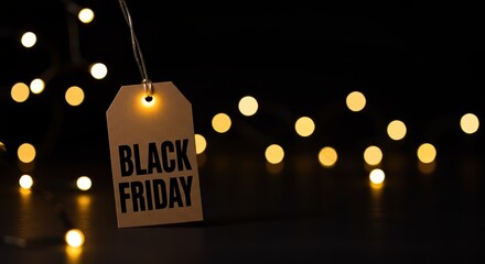 A tag reading "Black Friday" hangs amidst soft glow of blurred lights, inviting shoppers to seize promotional bargains during the anticipated shopping day.Copy space.