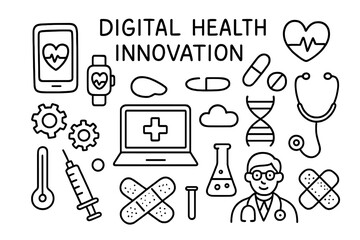 Digital Health Icons. Hand-drawn doodle illustration digital health innovation smartphone, smartwatch, heart icon, pill, tablet device, stethoscope, DNA