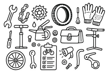 Obraz premium Bicycle Repair Doodle. Hand-drawn doodle illustration bicycle repair and maintenance wrench, chain, gear, tire, pump, screwdriver, oil can, nuts and bolts,