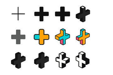 Obraz premium Cross Logo Variations. Set Logo of Cross Symbol: Minimal plus sign. Logo set in vector style, emblematic variations. line, bold thick line, solid black filled,