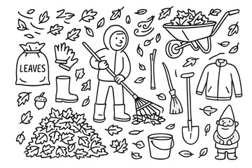 Autumn Cleanup Doodles. Hand-drawn doodle illustration [Raking Leaves] [rake, leaf bag, leaves in air, wheelbarrow, gloves, boots, hoodie, pile of leaves,