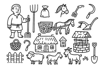 Medieval Peasantry Icons. Hand-drawn doodle illustration medieval peasantry villager, tunic, cart, horse, sack of grain, pitchfork, sickle, plow, basket,