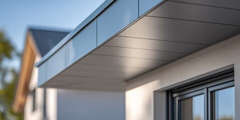 Fototapeta premium Modern architectural detail showcasing exterior soffit, window frame and facade elements in natural light