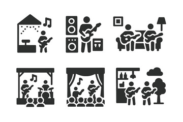 Jam Session Venue Icons. Solid, filled icon set of jam session venues: club, studio, living room, basement, festival stage, bar, concert hall, park. Solid,