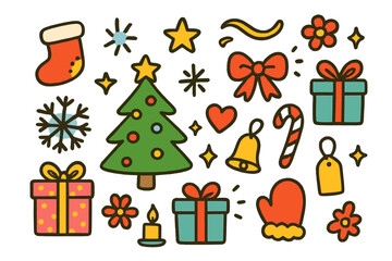 Fototapeta premium Festive Holiday Doodles. Colorful Hand-drawn doodle Children illustration Holiday gifts Christmas tree, snowflake, stocking, present, bow, ribbon, candy cane,