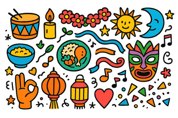 Colorful Cultural Doodle. Colorful Hand-drawn doodle Children illustration Cultural rituals drum, candle, flower garland, star, sun, moon, bowl, food plate,