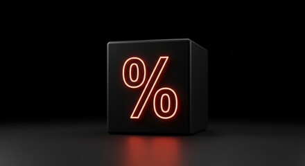 Against a stark black backdrop, matte cube displays glowing orange percentage symbol, casting soft light on the surface below. Black friday concept.