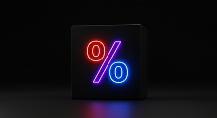 A percentage symbol, illuminated with neon colors, is displayed on the side of black cube set against dark backdrop, creating bright focal point. Black friday concept.