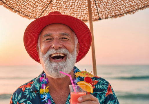 Joyful senior man wearing hawaiian shirt and red hat smiles broadly holding tropical cocktail under beach umbrella at sunset, enjoying summer vacation and relaxing by ocean